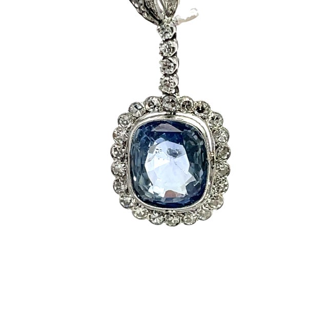 Modern Vintage 10k White Gold Ceylon Sapphire and Diamond Dangle Earrings, Pair For Sale - Image 3 of 7