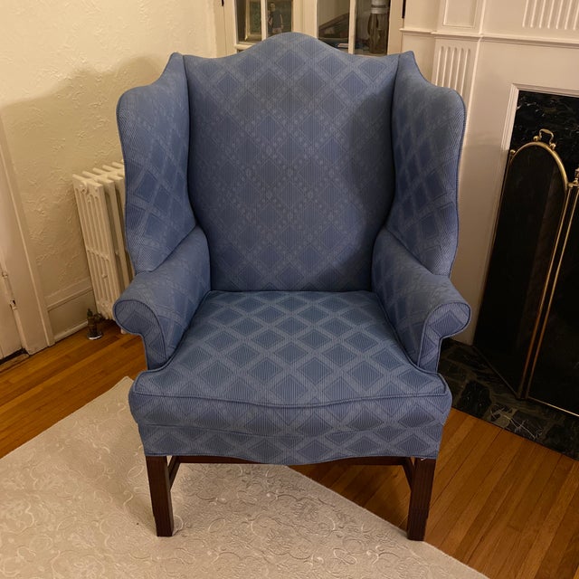 Pair of Hickory Townsend Wing Chairs in beautiful blue diamond fabric. Very comfortable classic chairs. EUC. Sold as a set