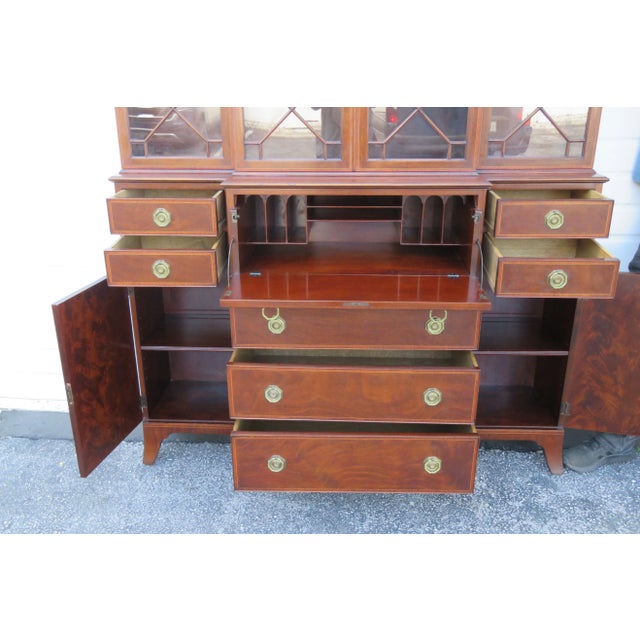 Mahogany Inlay 2 Part Breakfront China Display Cabinet With Desk For Sale In Miami - Image 6 of 12