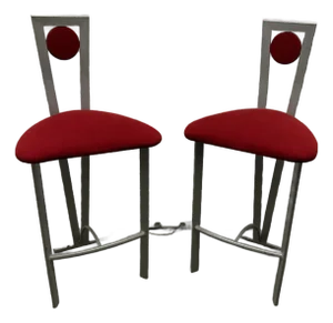 Post Modern Metal Memphis Style Red Upholstered Bar Stools - A Pair