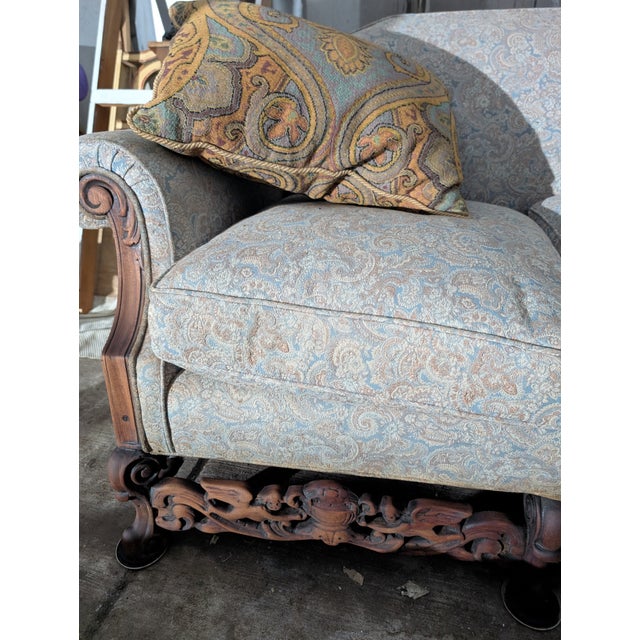 Blue Vintage Victorian Revival Carved Wood Sofa With Paisley Upholstery For Sale - Image 8 of 16