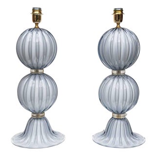 Light Pale Blue-Grey Blown Murano Glass Table Lamps, 1980s, Set of 2 For Sale