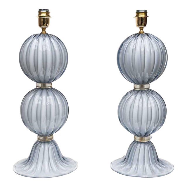 Light Pale Blue-Grey Blown Murano Glass Table Lamps, 1980s, Set of 2 For Sale