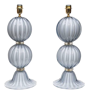 Light Pale Blue-Grey Blown Murano Glass Table Lamps, 1980s, Set of 2