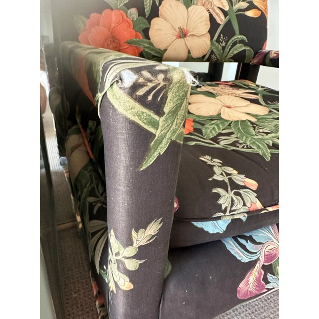 Mid 20th Century Set of 2 Modern Floral Parsons Chair and X-Bench Footstool In the Style of Milo Baughman For Sale - Image 12 of 13