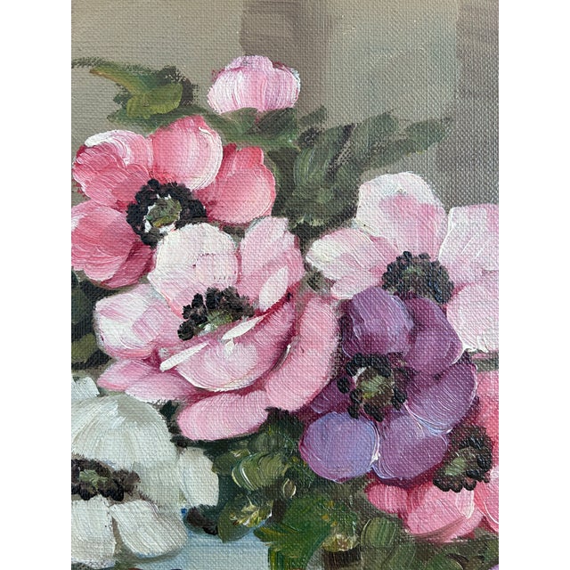 Cream Vintage Original Flower Oil Painting, Signed Floral Still Life For Sale - Image 8 of 12