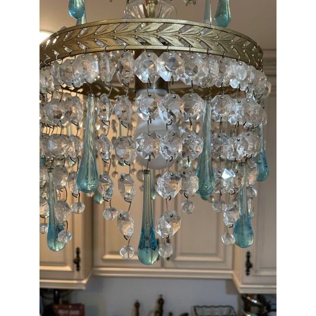 1920s 1920s French Gold Pendant Chandelier With Blue Raindrop and Crystals For Sale - Image 5 of 9
