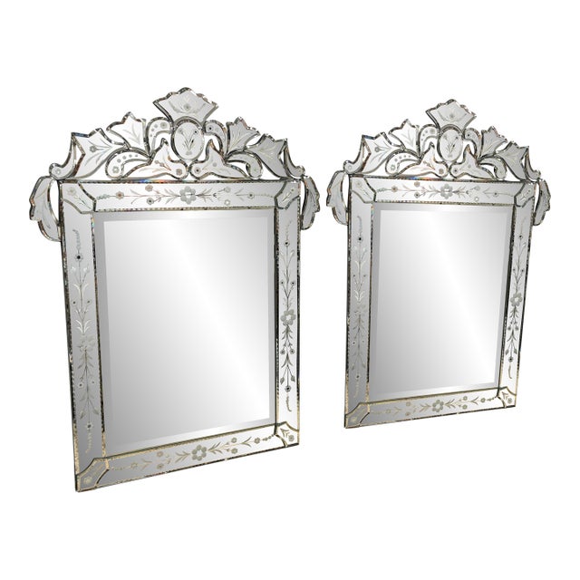 Venetian Cut + Etched Glass Gypsy Wall Mirrors, Pair For Sale