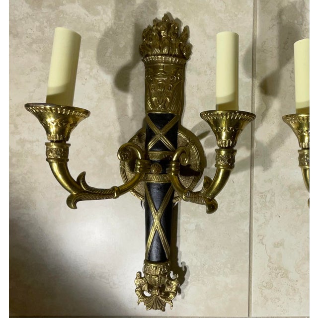 Pair of Vintage Neoclassical Bronze & Patinated Sconces - A Timeless Statement For Sale - Image 4 of 12