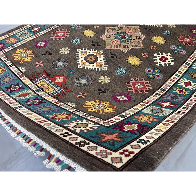 Brown and Teal Kazak Rug With Star Medallion, 5'8" X 7'9" For Sale - Image 13 of 15