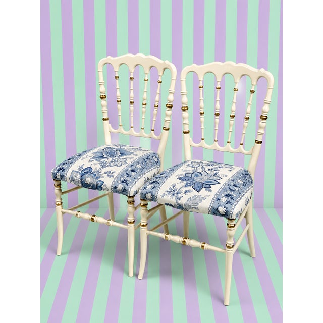 Napoleon III Style Chair in Ivory Lacquer with Gilt Details and Blue Floral Upholstery, 1970s For Sale - Image 4 of 5