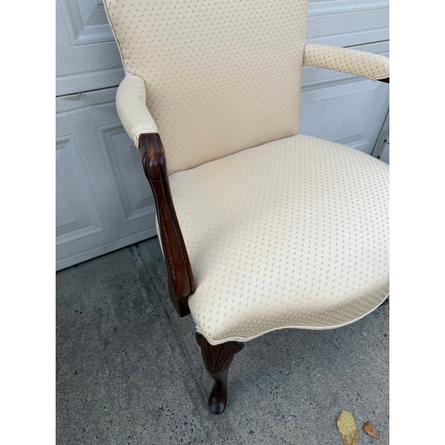 Textile Pair of Vintage French Provincial Upholstered Armchairs With Cabriole Legs and Carved Details For Sale - Image 7 of 12