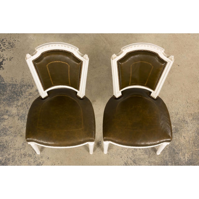 Antique French Louis XVI Style Painted Chairs With Olive Green Leather - A Pair For Sale - Image 4 of 18