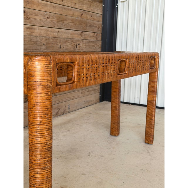Wood Vintage Boho Rattan Wrapped Console With Woven Apron & Glass Top For Sale - Image 7 of 12