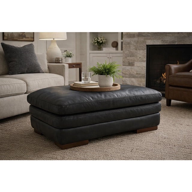 Late 20th Century Modern Black Leather Oversized Ottoman / Cocktail Ottoman With Wood Block Feet For Sale - Image 4 of 5