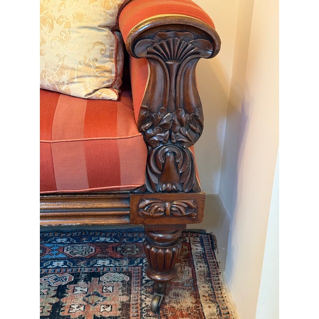 Antique Late Regency William IV Mahogany Settee in Clarence House Wool Stripe For Sale - Image 9 of 13
