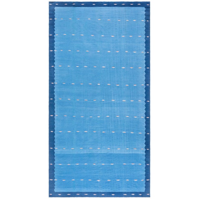 Doris Leslie Blau Dhurrie Vintage Blue With Navy Blue Flatweave Cotton Rug For Sale