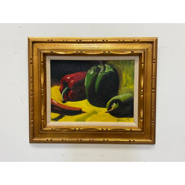 Late 20th Century Vintage Still Life With Peppers Oil on Board Signed For Sale - Image 5 of 12