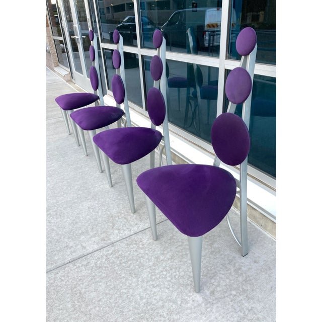 Memphis Style Dining Chairs in Purple & Green Microsuede Upholstered Panels For Sale - Image 9 of 13