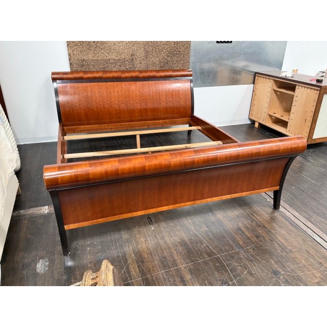 Art Deco Eastern King Size Lee Weitzman Elysia Style Figured Wood Sleigh Bed Frame For Sale - Image 3 of 12