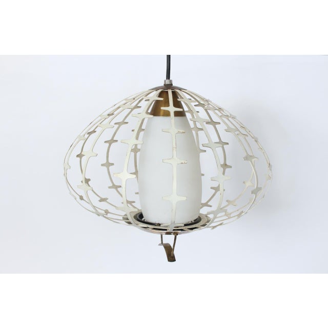 Progress Mtg. Co. Inc. nameled Off White metal hanging ceiling light. Featuring an abstract open basket form in enameled...