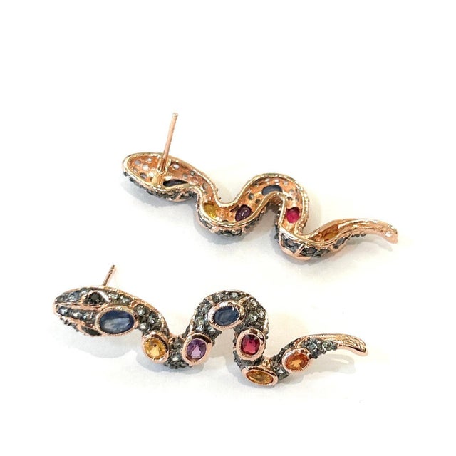 Bochic “Orient” Ruby & Multi Sapphire Serpent Earrings Set In 18K Gold & Silver - a pair For Sale - Image 9 of 11