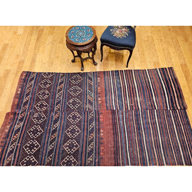 Vintage Turkish Kilim Rug, Handwoven Wool, Geometric Pattern, Indigo Blue & Rust-Red, 5x8 For Sale - Image 4 of 13