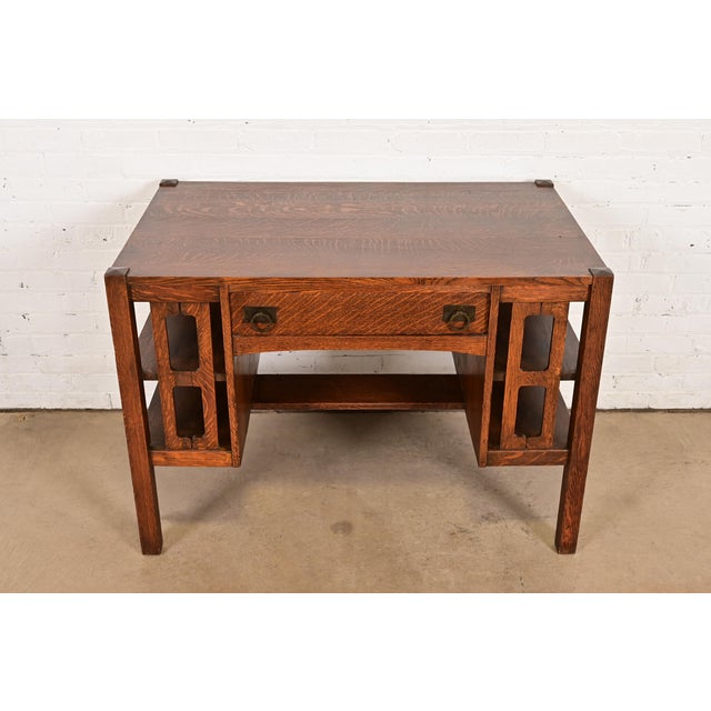 Mission Stickley Brothers Style Antique Mission Oak Arts & Crafts Desk With Built-in Bookcases, Circa 1900 For Sale - Image 3 of 11