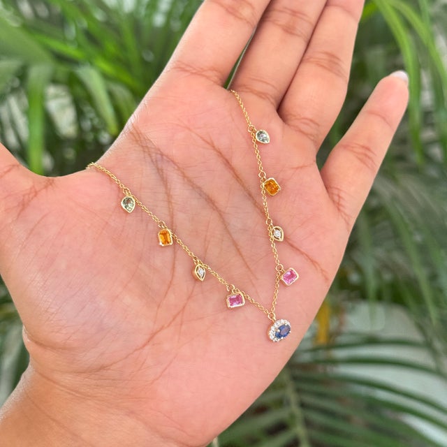 1.63ct Mixed Shape Rainbow Sapphire & Diamond Charm Necklace in 14k Yellow Gold For Sale In New York - Image 6 of 14