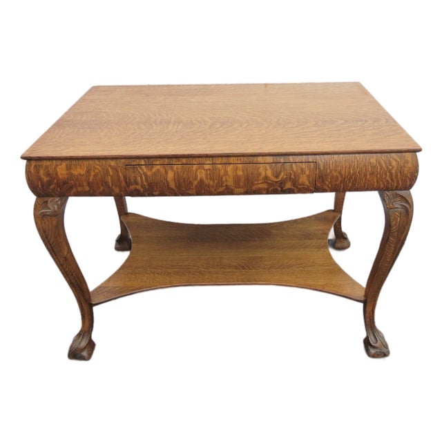 Early 1900s Ball and Claw Feet Tiger Oak Writing Office Desk Library Table 6410 For Sale