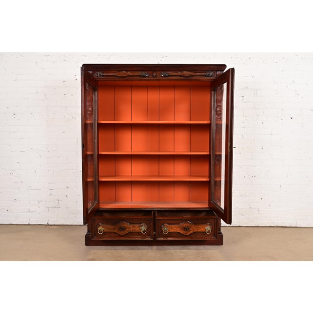 Late 19th Century Herter Brothers Style Antique Eastlake Victorian Carved Mahogany and Burl Wood Bookcase Cabinet, Circa 1880s For Sale - Image 5 of 14