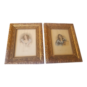 Pair Early 19th Century English Hand Colored Engravings in Finely Hand Carved Wood Frames
