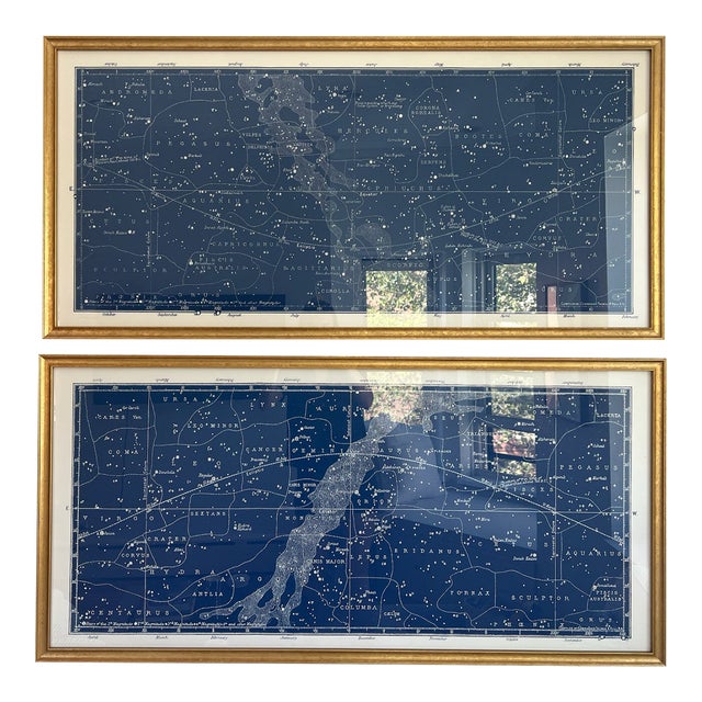 Gold-Framed Royal Blue Constellation Print Set - Set of 2 For Sale