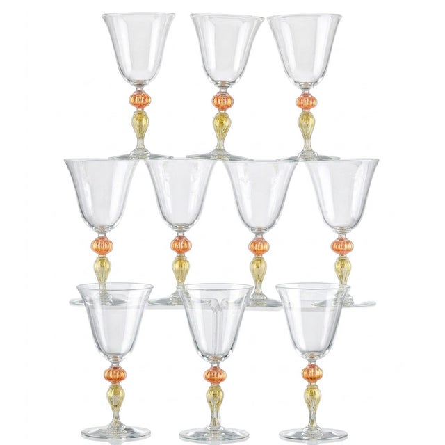 Vintage Murano Glass Large Wine Glasses, Peach and Gold-Leaf Ribbed Stems, Set of Ten For Sale In Philadelphia - Image 6 of 8