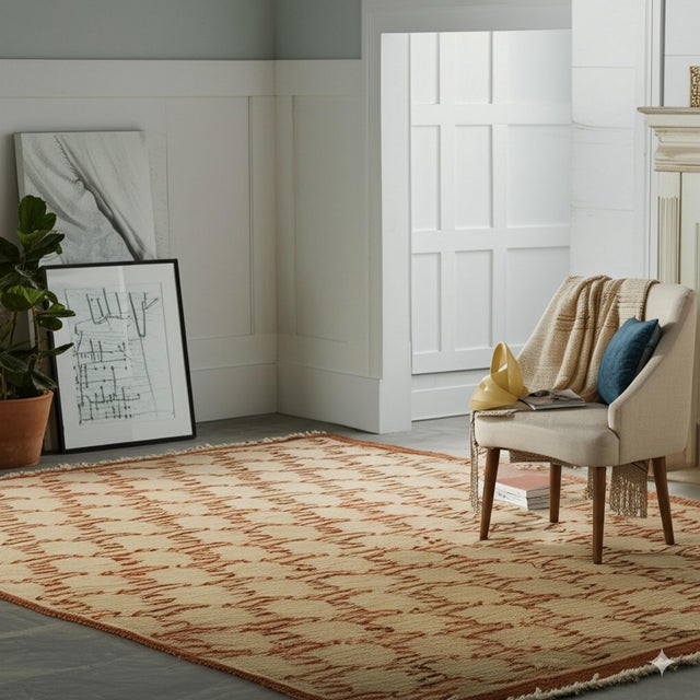Beige Rust Geometric Lattice Hand-Knotted Wool Rug 6x9 For Sale - Image 4 of 6