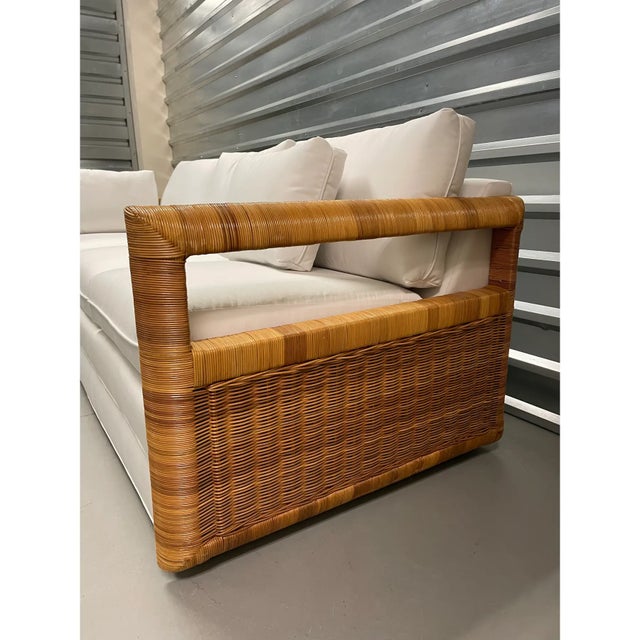 Crespi Style Rattan Sofa With Quadrille Upholstery For Sale - Image 10 of 12