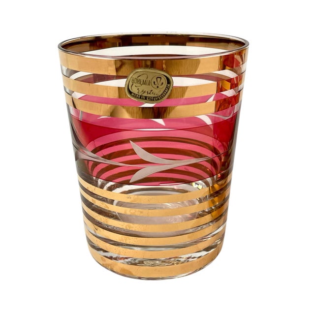 This set of 6 vintage Bohemian Czech glass tumblers features a beautiful cranberry floral design with gold accents, adding...