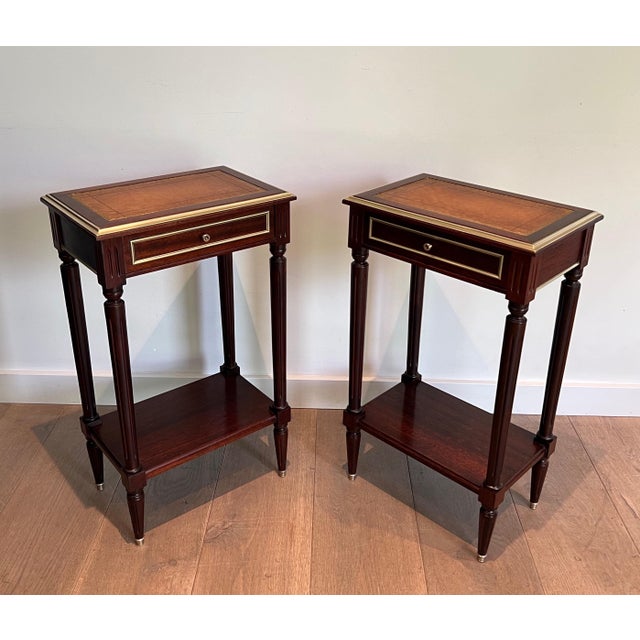 Maison Jansen 1940s mahogany & brass side tables with leather tops in Maison Jansen Style - a Pair For Sale - Image 4 of 12