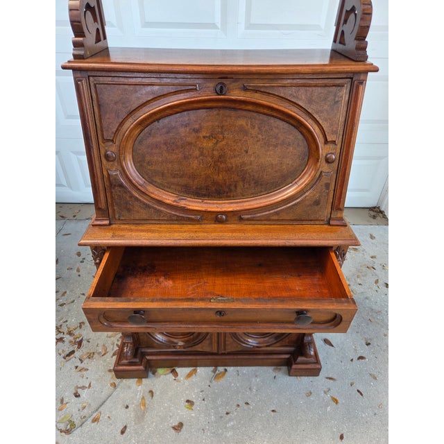 Late 19th Century Victorian Eastlake Burl Wood Fall Front Secretary Desk Bookcase For Sale - Image 14 of 18