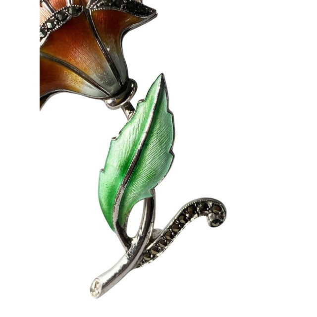 Vintage Sterling Silver Enamel Marcasite Flower Brooch For Sale - Image 4 of 6