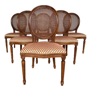 French Louis XVI Style Medallion Cane Back Dining Chairs - Set of 6 For Sale