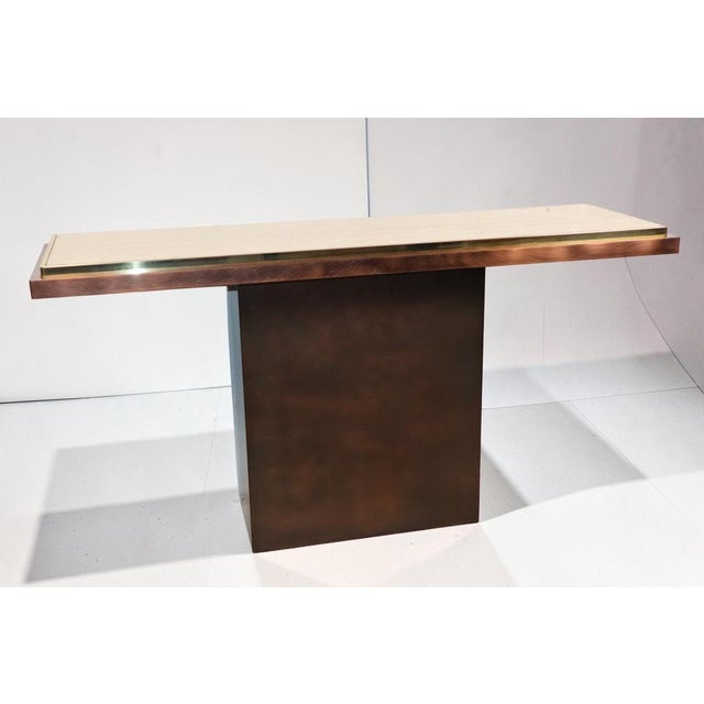 Minimalist Console in Travertine and Patinated Metal, 1970s For Sale - Image 9 of 18