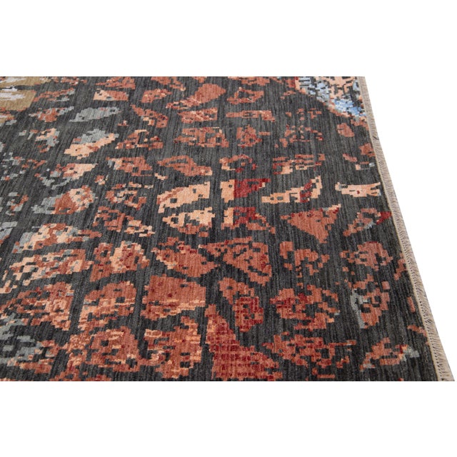 Gray Modern Orange and Gray Handmade Geometric Abstract Wool and Silk Rug For Sale - Image 8 of 10