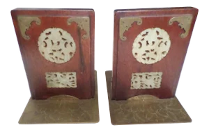 Antique Chinese Teak & Brass and White Jade/ Hardstone Inserts Bookends- a Pair