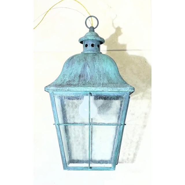 Vintage-Style Hand-Painted Verdigris Metal Hanging Pendant Lantern - 19”x10x10 For Sale - Image 10 of 11