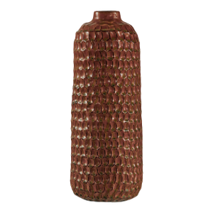 Tall Brown Ceramic Vase with Honeycomb Texture and Green Speckled Glaze