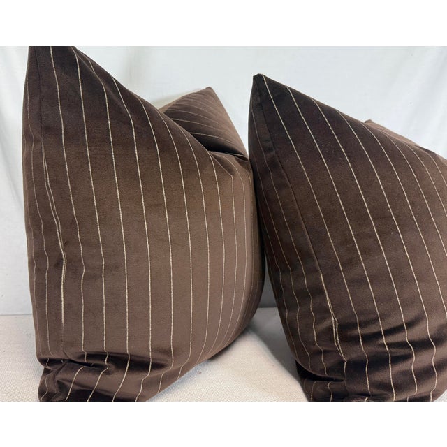 Transitional Pinstripe Velvet in Dark Brown/Beige 22" Pillows-a Pair For Sale - Image 3 of 3