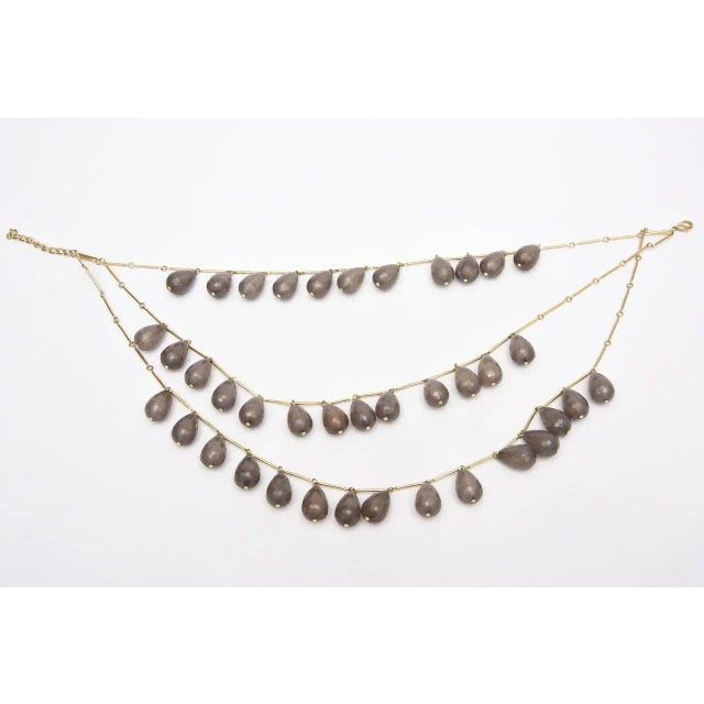 Vintage Gray Resin and Gilt Metal Beaded Three Strand Bib Necklace For Sale - Image 4 of 7