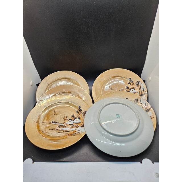 Mid-Century Modern Vintage Kutani Ysh Takito (t.t.) Golden Peach Lusterware Luncheon Plates, Set of 6 For Sale - Image 3 of 4