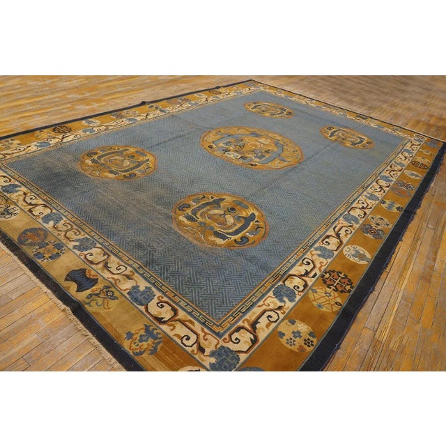1910s Special Blue and Gold Bronze Color Unique With Animalistic Design Antique Chinese Rug For Sale - Image 5 of 12